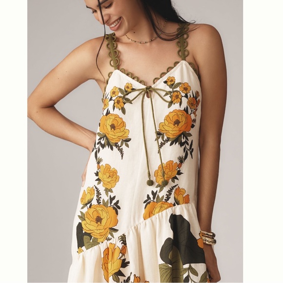 Farm Rio Anthropologie Cream Maxi Dress with Yellow Floral Print - Picture 3 of 13